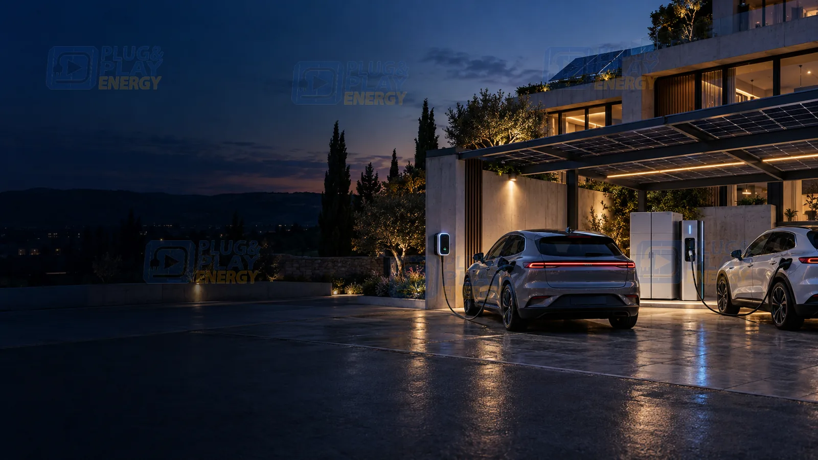 Visual conceptual de veículos elétricos a carregar com FV e armazenamento