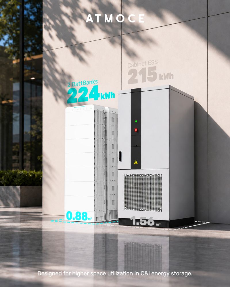 Comparativa oficial de densidad energética Atmoce BattBank: 224 kWh en 0,88 m²