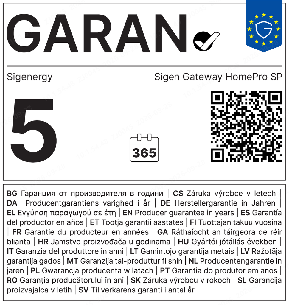 GARAN — Sigen Gateway HomePro SP — Garantía del fabricante de 5 años