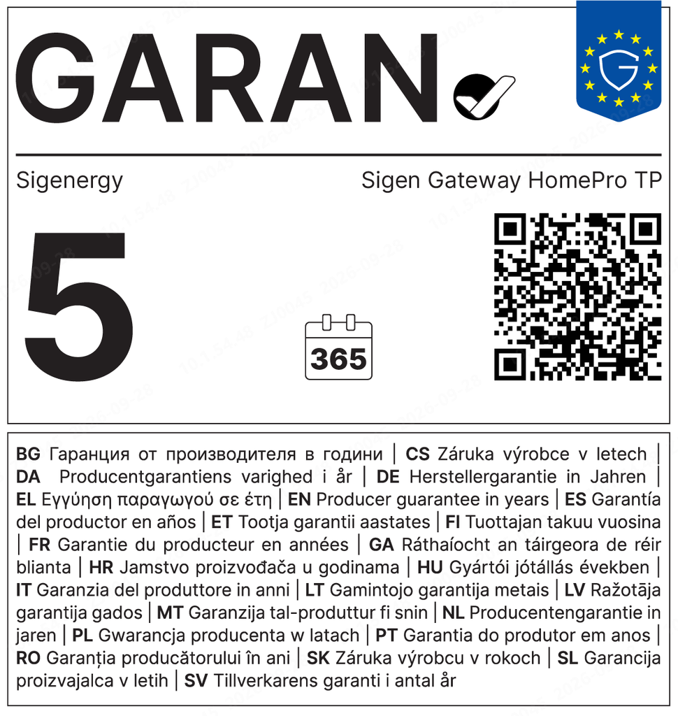 GARAN — Sigen Gateway HomePro TP — Garantía del fabricante de 5 años