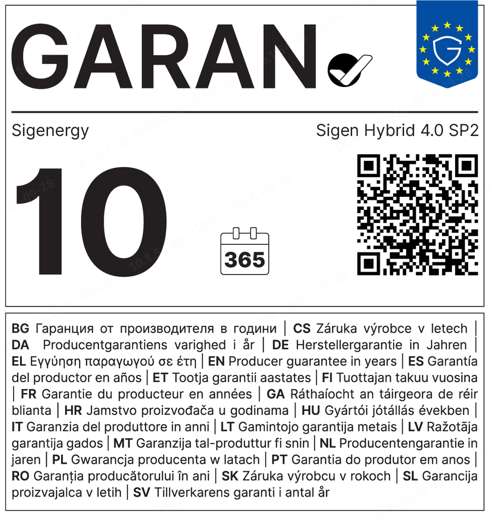 GARAN — Sigen Hybrid 4.0 SP2 — Garantía del fabricante de 10 años
