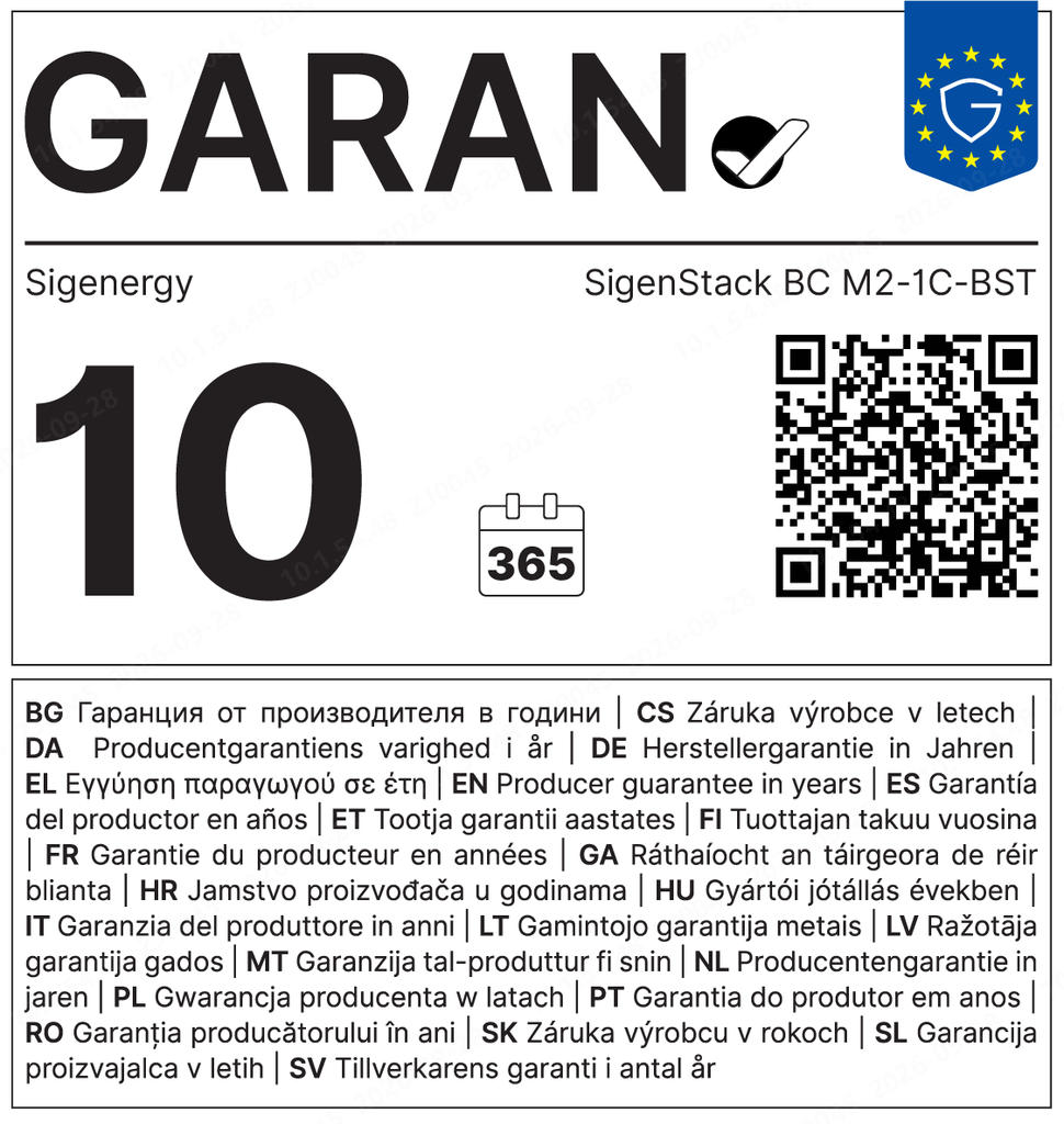 GARAN — SigenStack BC M2-1C-BST — Garantía del fabricante de 10 años