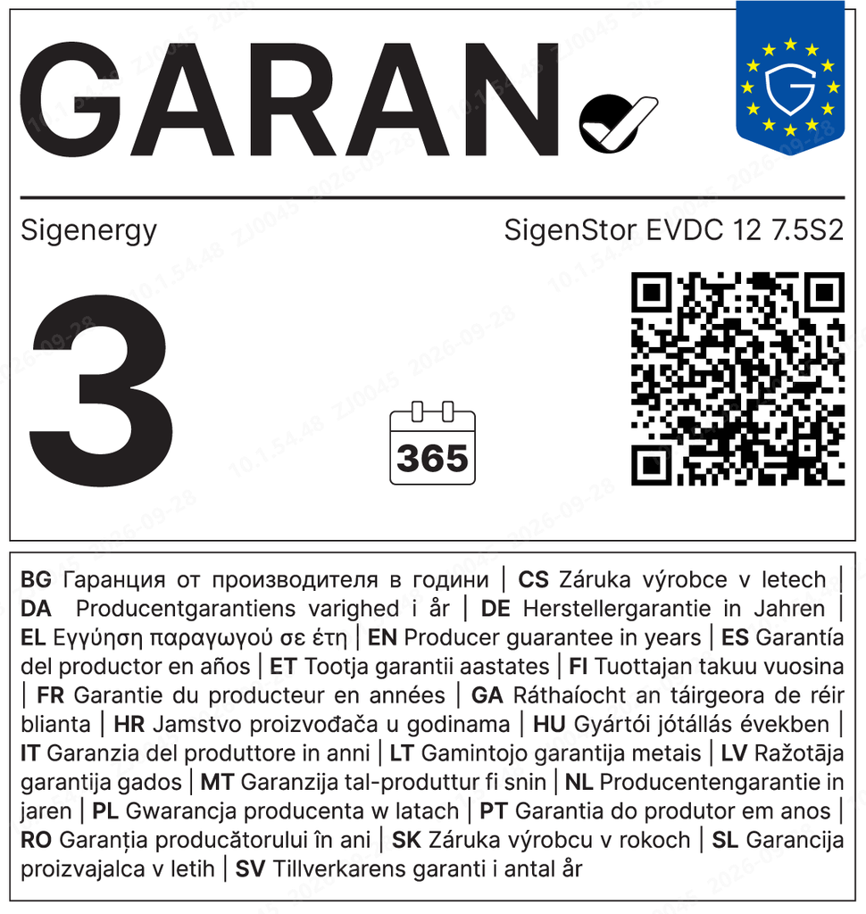 GARAN — SigenStor EVDC 12 7.5S2 — Garantía del fabricante de 3 años