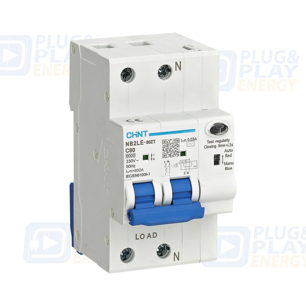 CHINT Întrerupător diferențial rearmabil monofazat 1P+N 20 A · WiFi prin modul de control separat · NB2LE-80ZT-1N-20C30A · 448153