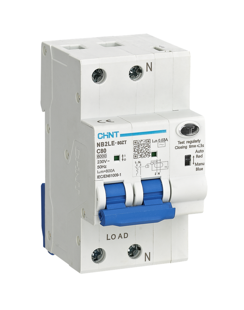 CHINT Întrerupător diferențial rearmabil monofazat 1P+N 32 A · WiFi prin modul de control separat · NB2LE-80ZT-1N-32C30A · 448165