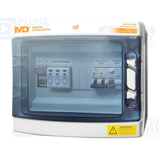 [P&P4077] SPF 1/1 string, connector tipus MC4, Fusibles protecció, 40kA 8/20, cartutx (1000Vcc), caixa 6 mòduls IP65